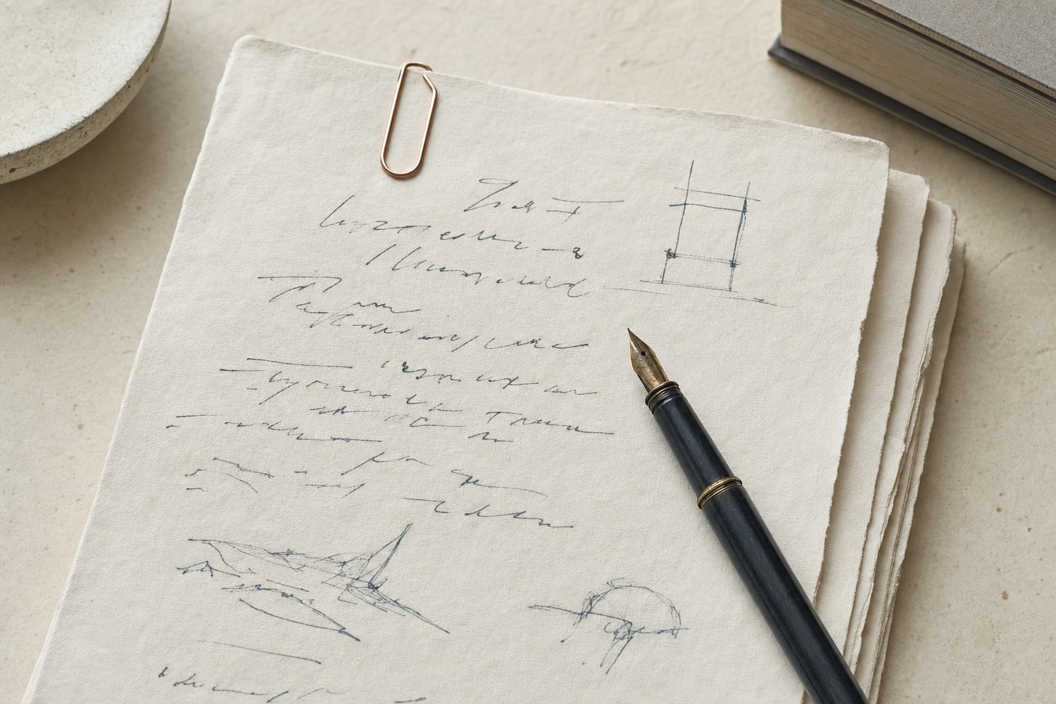 Handwritten memorandum and fountain pen